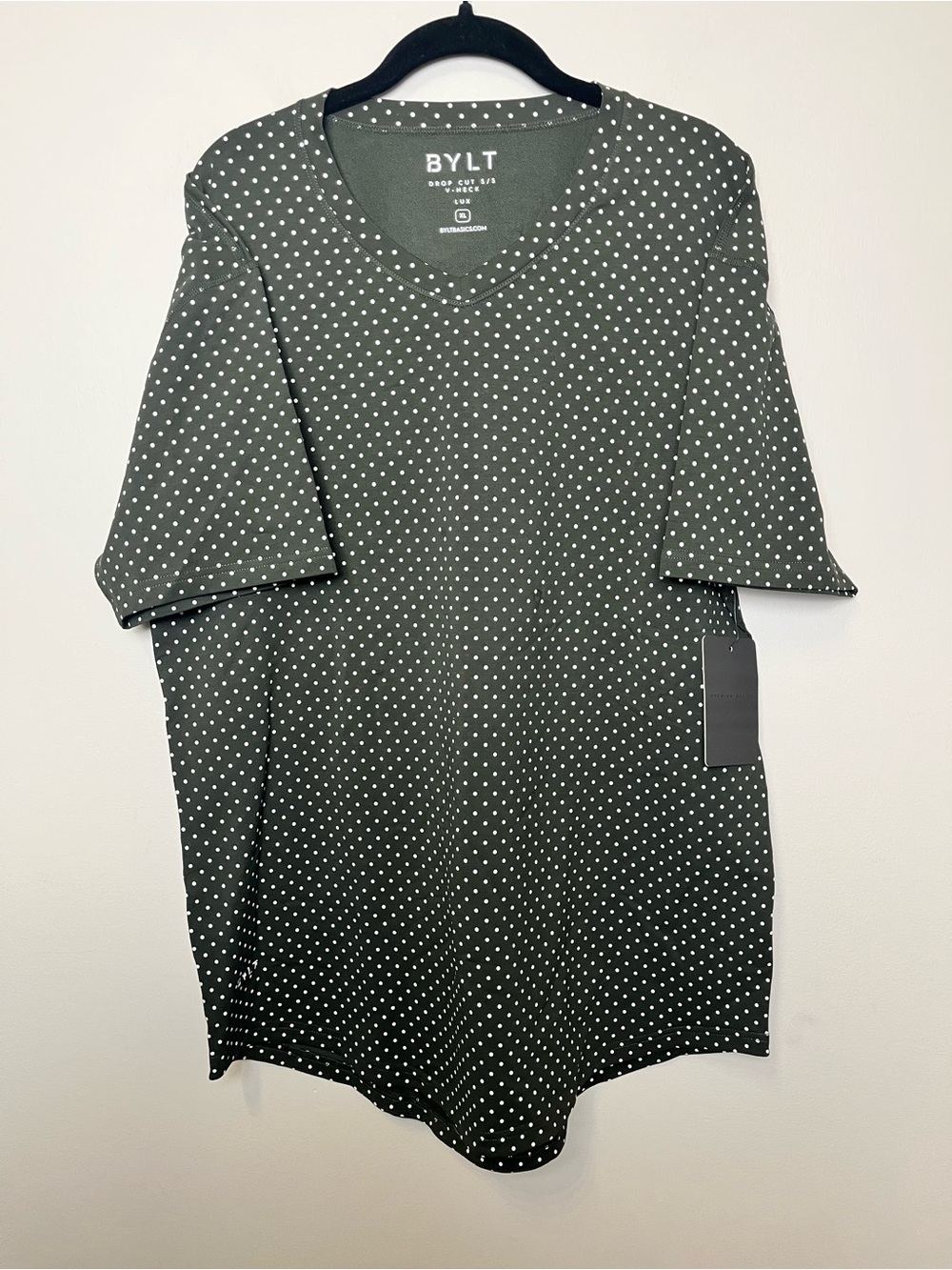 BYLT Basics Olive Green Short Sleeve V-Neck Tee with White Polka Dots